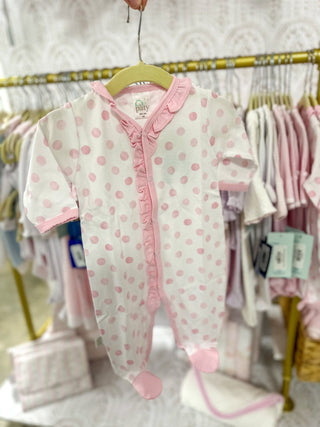 Paty White W/ Pink Polka Dot Ruffle Trim Button Footie - Everyday EDEN Boutique & Gifts