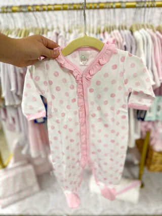 Paty White W/ Pink Polka Dot Ruffle Trim Button Footie - Everyday EDEN Boutique & Gifts