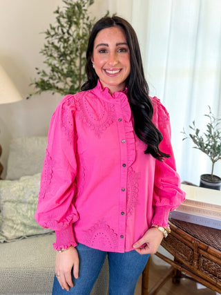 Pink Lucky Lace Embroidered Button - Down Blouse - Everyday EDEN Boutique & Gifts