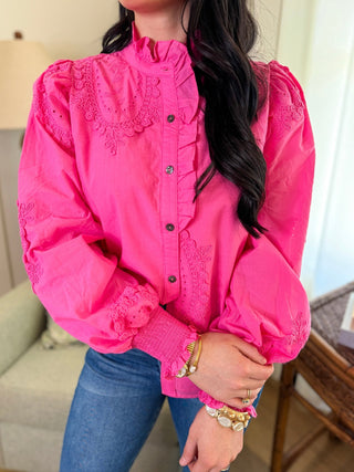 Pink Lucky Lace Embroidered Button - Down Blouse - Everyday EDEN Boutique & Gifts