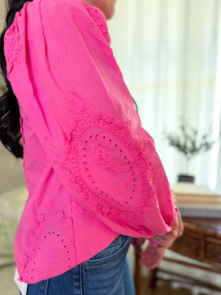 Pink Lucky Lace Embroidered Button - Down Blouse - Everyday EDEN Boutique & Gifts