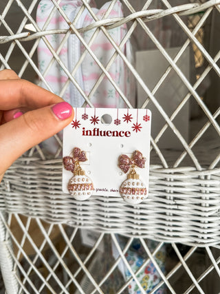 Pink & White Rhinestone Bow & Ornament Christmas Earring - Everyday EDEN Boutique & Gifts