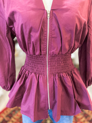 Plum 3/4 Sleeve Smock Waist Zip It Top - Everyday EDEN Boutique & Gifts