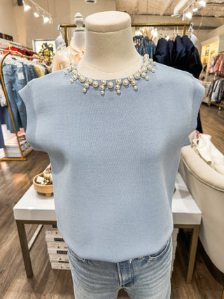 Powder Blue Pearl Jeweled Neck Trim Top - Everyday EDEN Boutique & Gifts