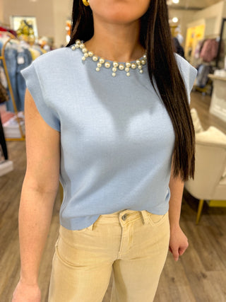 Powder Blue Pearl Jeweled Neck Trim Top - Everyday EDEN Boutique & Gifts