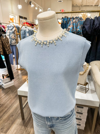 Powder Blue Pearl Jeweled Neck Trim Top - Everyday EDEN Boutique & Gifts