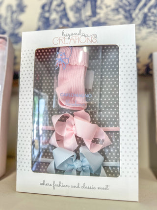 Powder Blue & Pink Bow with Socks Gift Box - Everyday EDEN Boutique & Gifts