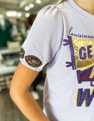 Purple & Gold Geaux, Fight, WIN Sequin Spirit Puff Sleeve Top - Everyday EDEN Boutique & Gifts