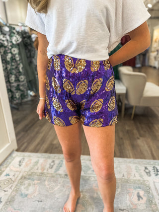 Purple/Gold Halftime Queen Sequin Football Shorts - Everyday EDEN Boutique & Gifts