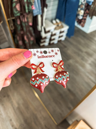 Red Bow W/ Red & Green Glitter Ornament Christmas Earrings - Everyday EDEN Boutique & Gifts