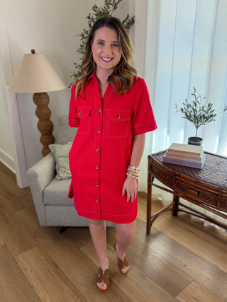Red Chic Utility Button Down Mini Dress - Everyday EDEN Boutique & Gifts