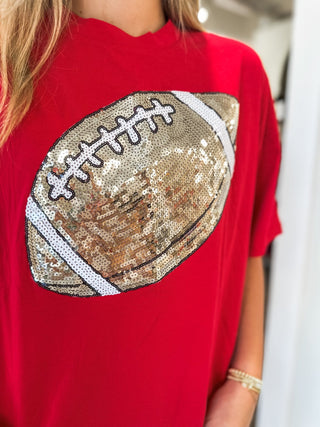 Red Classic Football Sequin Spirit Oversized Top - Everyday EDEN Boutique & Gifts