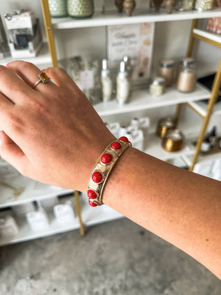 Red Color Coated Studded W/ Gold Hammered Stretch Bracelet - Everyday EDEN Boutique & Gifts