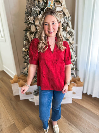 Red Everleaf Eyelet Short Sleeve V - Neck Top - Everyday EDEN Boutique & Gifts