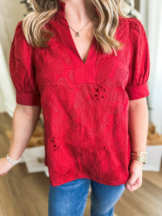Red Everleaf Eyelet Short Sleeve V - Neck Top - Everyday EDEN Boutique & Gifts