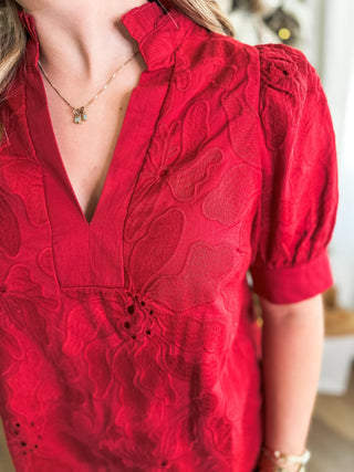 Red Everleaf Eyelet Short Sleeve V - Neck Top - Everyday EDEN Boutique & Gifts