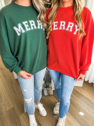 Red Merry Stencil Cloudy Knit Long Sleeve Graphic Pullover - Everyday EDEN Boutique & Gifts