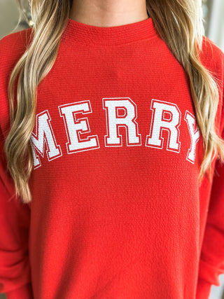 Red Merry Stencil Cloudy Knit Long Sleeve Graphic Pullover - Everyday EDEN Boutique & Gifts