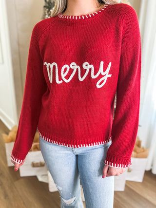 Red Merry Tinsel Lettering Christmas Sweater - Everyday EDEN Boutique & Gifts