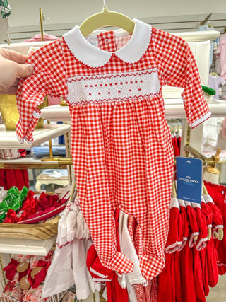 Red Minichecks Red Smocked Collared Girl Footie - Everyday EDEN Boutique & Gifts