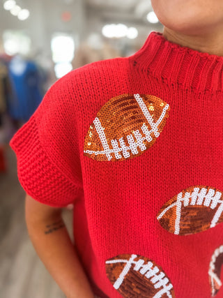 Red Sequin Football Sequin Patch Sleeveless Sweater - Everyday EDEN Boutique & Gifts