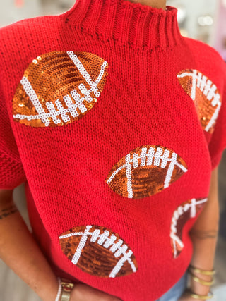 Red Sequin Football Sequin Patch Sleeveless Sweater - Everyday EDEN Boutique & Gifts