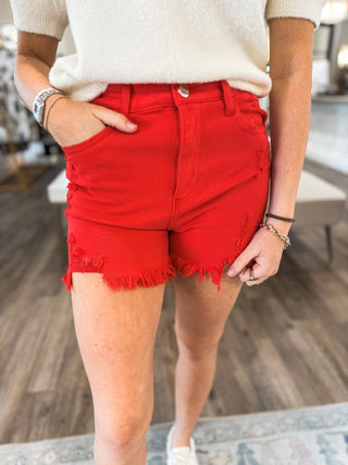 Risen Fiesta Red Definitely Distressed Denim Shorts - Everyday EDEN Boutique & Gifts