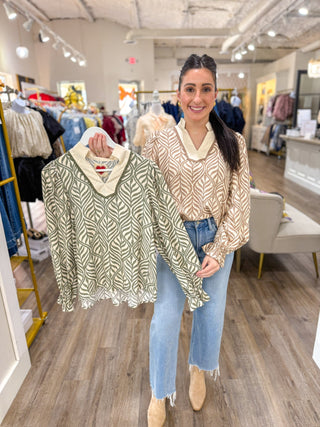Sage Palmetto Print Long Sleeve Blouse - Everyday EDEN Boutique & Gifts