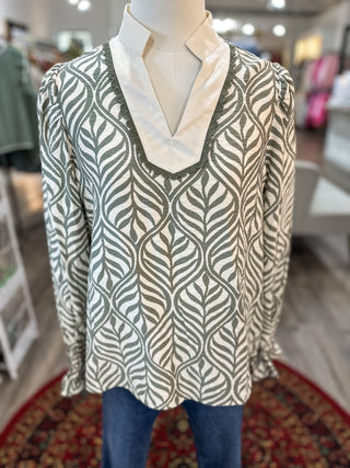 Sage Palmetto Print Long Sleeve Blouse - Everyday EDEN Boutique & Gifts