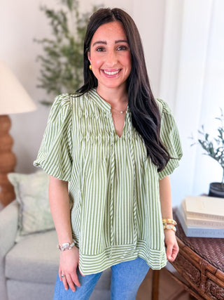Sage Stripe Sweet Escape Puff Sleeve Top - Everyday EDEN Boutique & Gifts