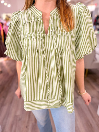 Sage Stripe Sweet Escape Puff Sleeve Top - Everyday EDEN Boutique & Gifts