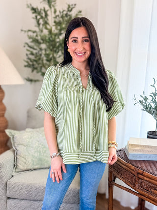 Sage Stripe Sweet Escape Puff Sleeve Top - Everyday EDEN Boutique & Gifts