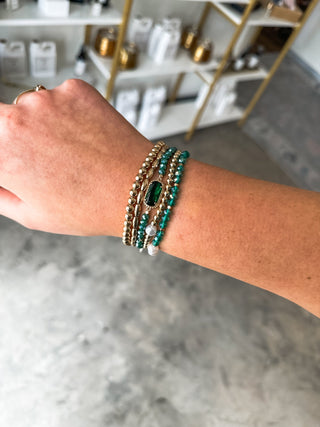 Set of 5 Green Crystal, Pearl, & Gold Stretch Bracelets - Everyday EDEN Boutique & Gifts