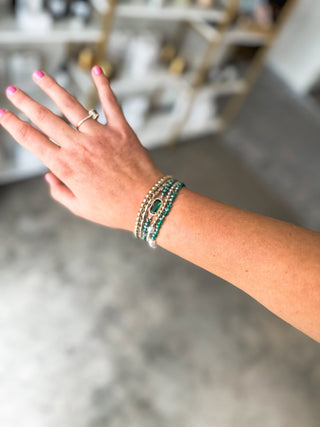 Set of 5 Green Crystal, Pearl, & Gold Stretch Bracelets - Everyday EDEN Boutique & Gifts