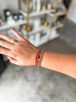 Set of 5 Red Crystal, Pearl, & Gold Stretch Bracelets - Everyday EDEN Boutique & Gifts