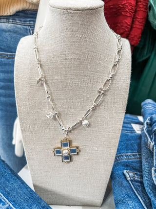 Silver Open Chain W/ Textured Cross & Pearl Charm Necklace - Everyday EDEN Boutique & Gifts