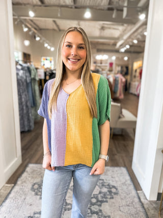 Simple Fun Mardi Gras Color Block Cotton Gauze Relaxed Fit Top - Everyday EDEN Boutique & Gifts