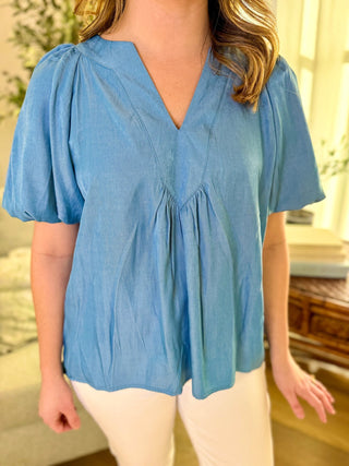 Sky Blue Easy Breeze Ballon Sleeve Top - Everyday EDEN Boutique & Gifts