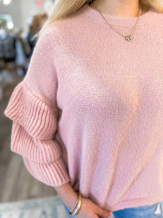 Soft Pink Fuzzy Tiered Ruffle Sleeve Sweater - Everyday EDEN Boutique & Gifts