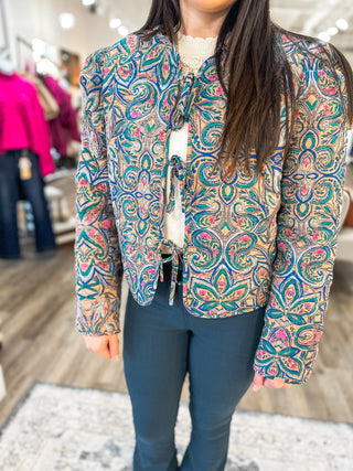 Swan Lake Mocha Teal Bow Tie Quilted Jacket - Everyday EDEN Boutique & Gifts