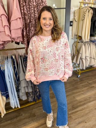 Sweetheart Patchwork Long Sleeve Crewneck Top - Everyday EDEN Boutique & Gifts