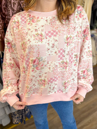 Sweetheart Patchwork Long Sleeve Crewneck Top - Everyday EDEN Boutique & Gifts