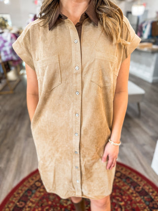 Taupe Contrast Collar Button Down Shirt Dress - Everyday EDEN Boutique & Gifts