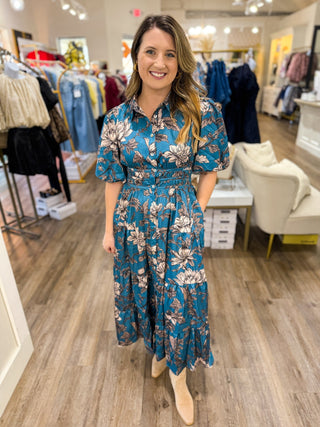 Teal Blue Satin Moonflower Button Front Dress - Everyday EDEN Boutique & Gifts