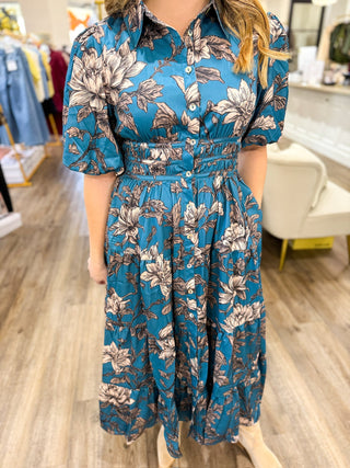 Teal Blue Satin Moonflower Button Front Dress - Everyday EDEN Boutique & Gifts