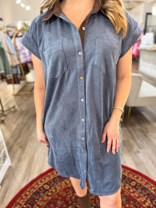 Teal Contrast Collar Button Down Shirt Dress - Everyday EDEN Boutique & Gifts