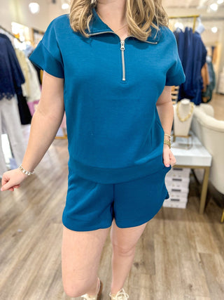 Teal Polish & Poise Scuba Half Zip Short Sleeve Shorts Sets - Everyday EDEN Boutique & Gifts