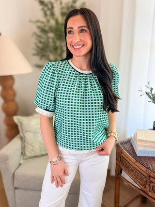 Teal/Forest Green Gingham Textured Ruffle Band Top - Everyday EDEN Boutique & Gifts