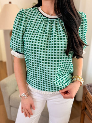 Teal/Forest Green Gingham Textured Ruffle Band Top - Everyday EDEN Boutique & Gifts