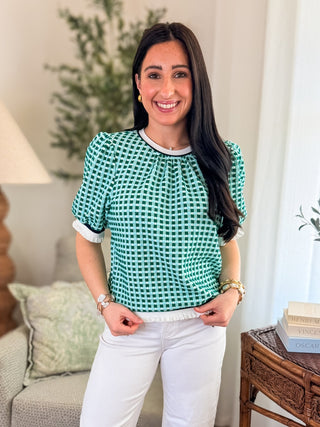 Teal/Forest Green Gingham Textured Ruffle Band Top - Everyday EDEN Boutique & Gifts